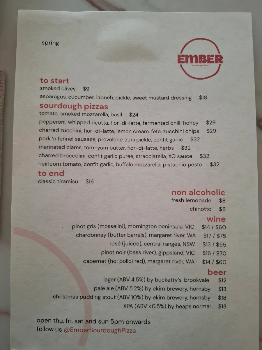Menu, Ember Sourdough Pizza