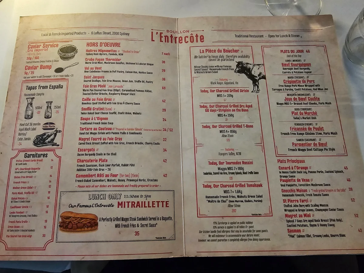 Menu, Bouillon L'Entrecôte