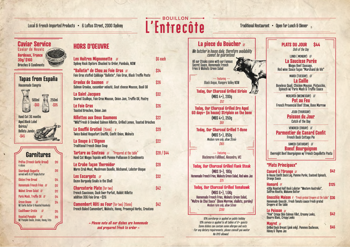 Menu, Bouillon L'Entrecôte