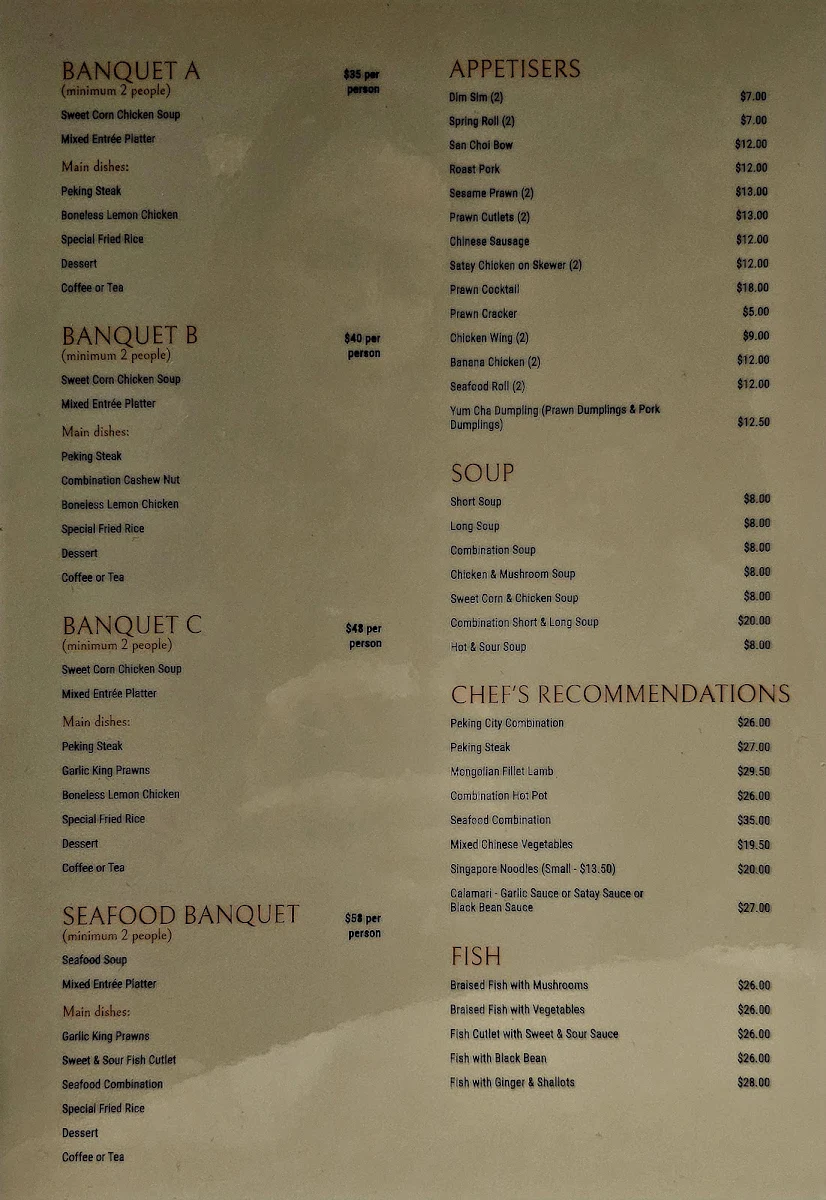 Menu, Peking City