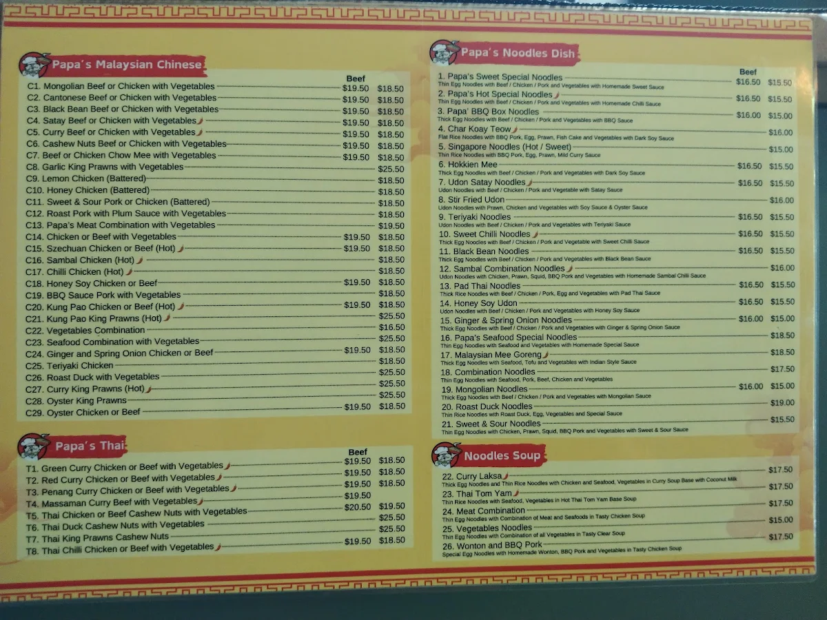 Menu, Papa's Rich Noodle