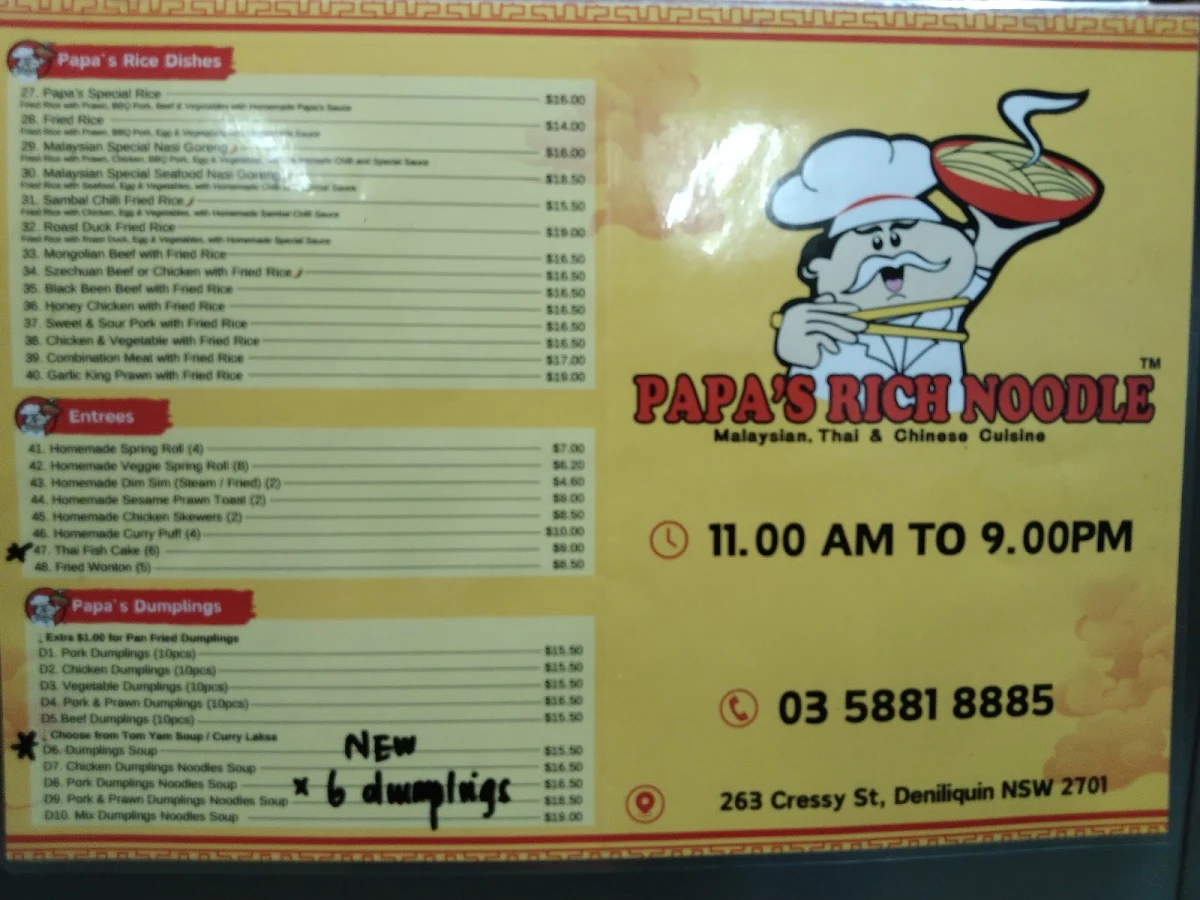 Menu, Papa's Rich Noodle