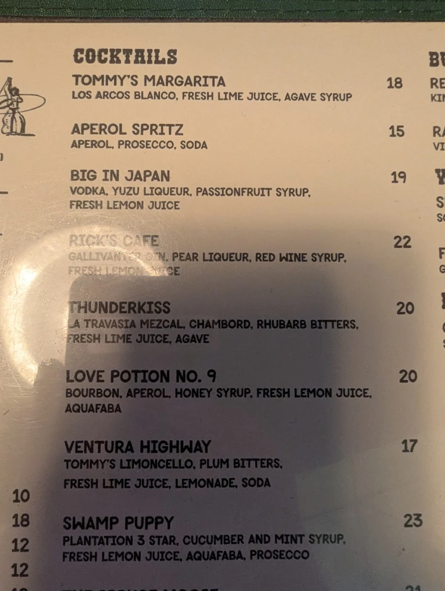 Menu, Lulie Tavern