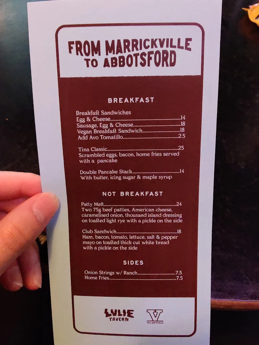 Menu, Lulie Tavern