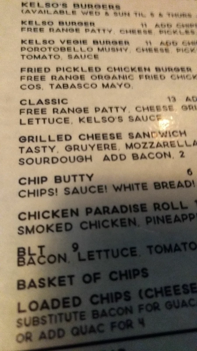 Menu, Lulie Tavern