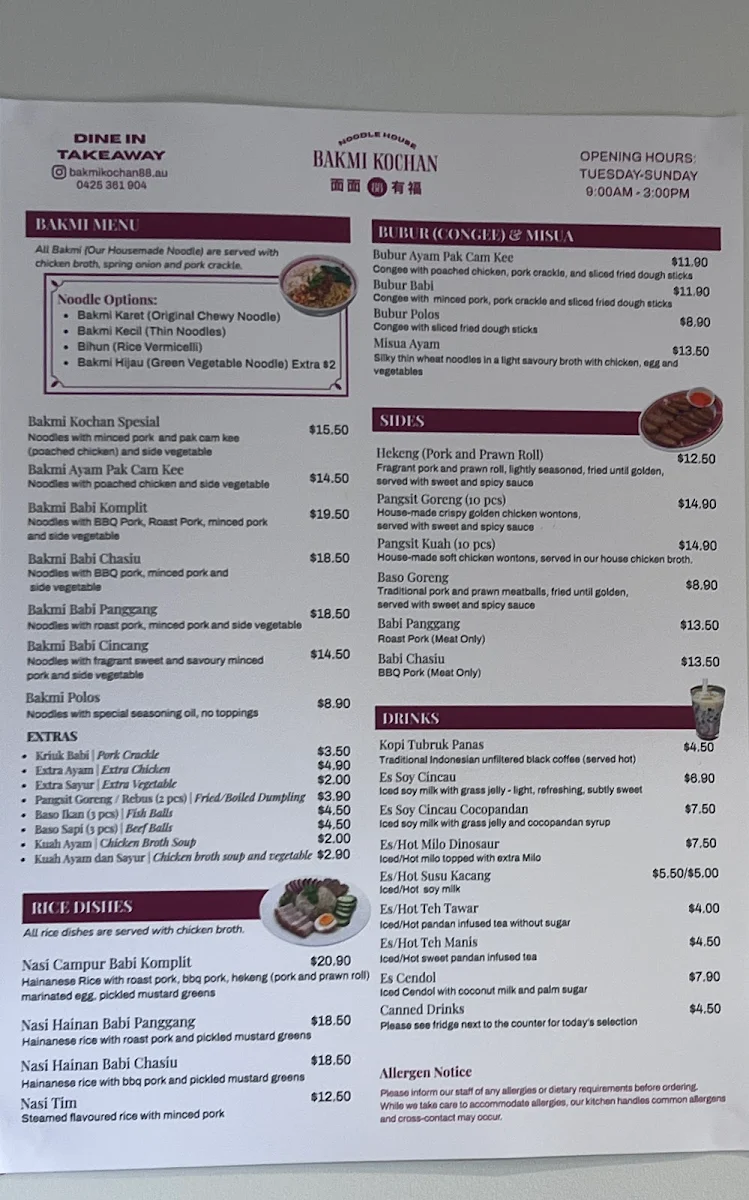 Menu, Bakmi Kochan 88