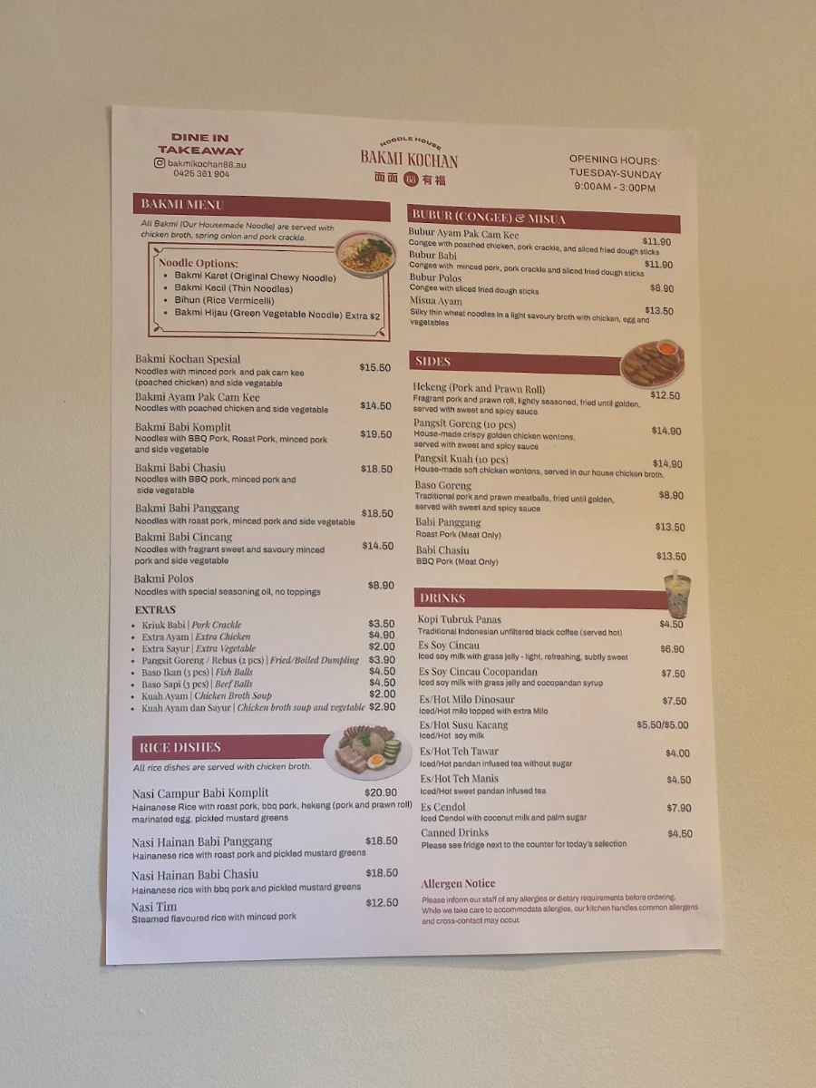 Menu, Bakmi Kochan 88