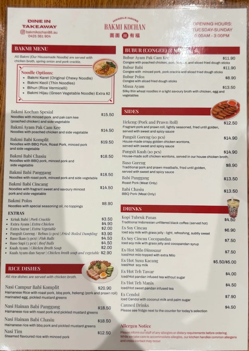 Menu, Bakmi Kochan 88