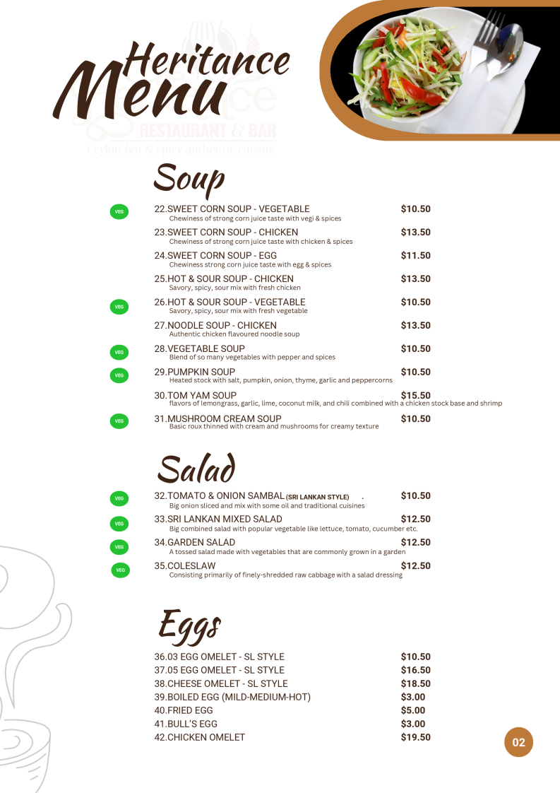 Menu, Heritance Restaurant and Bar