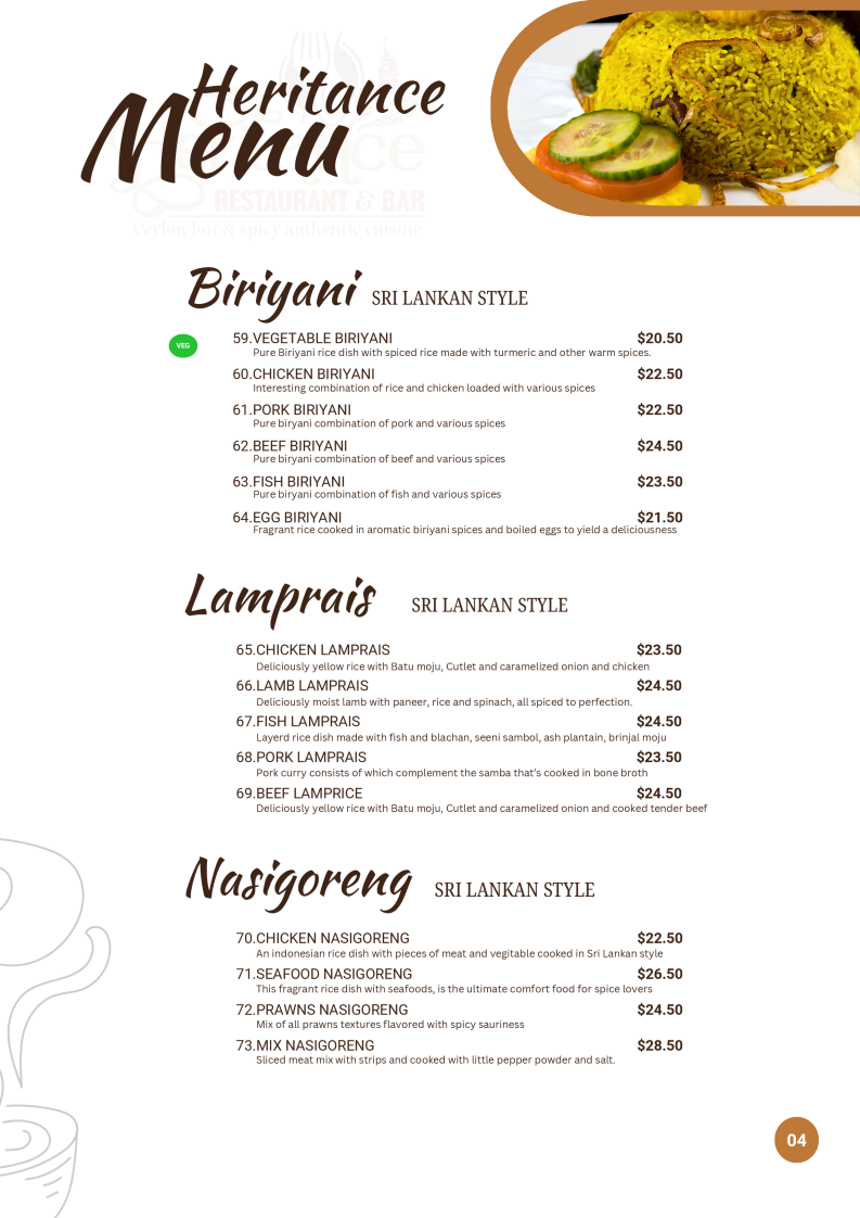 Menu, Heritance Restaurant and Bar