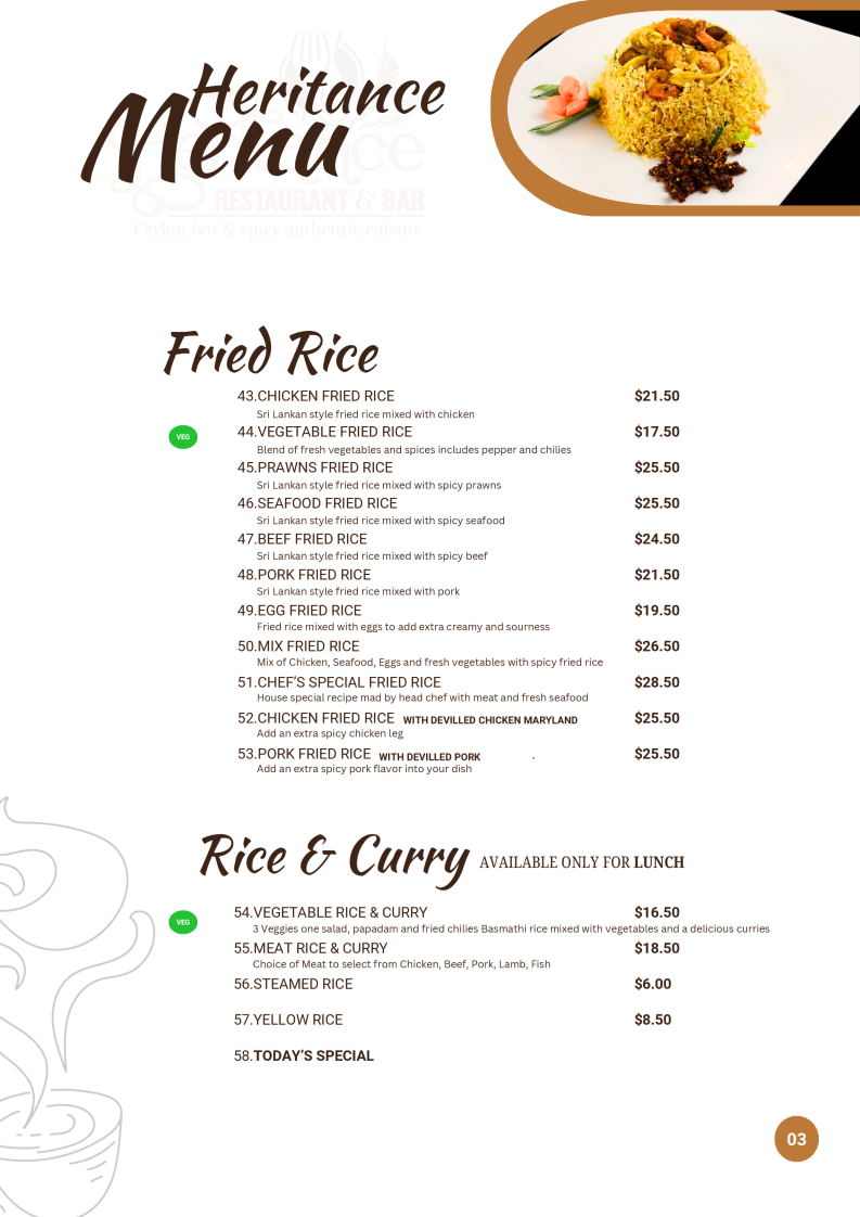 Menu, Heritance Restaurant and Bar