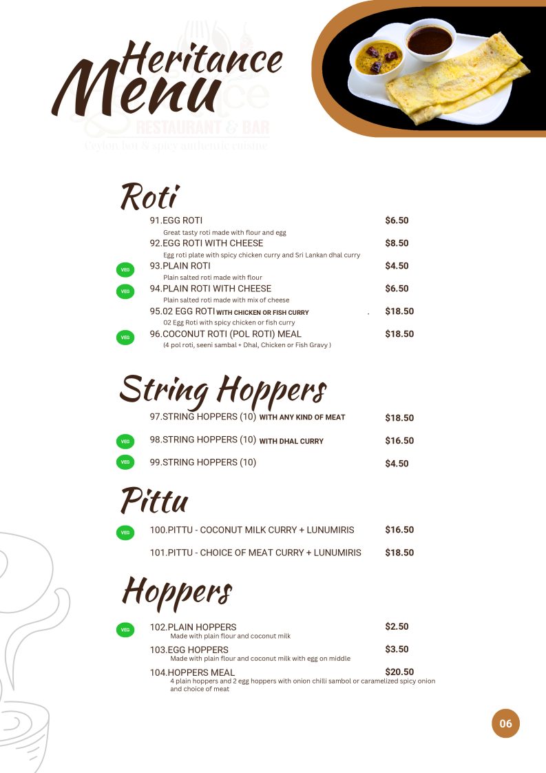 Menu, Heritance Restaurant and Bar