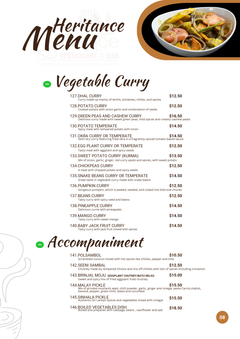 Menu, Heritance Restaurant and Bar