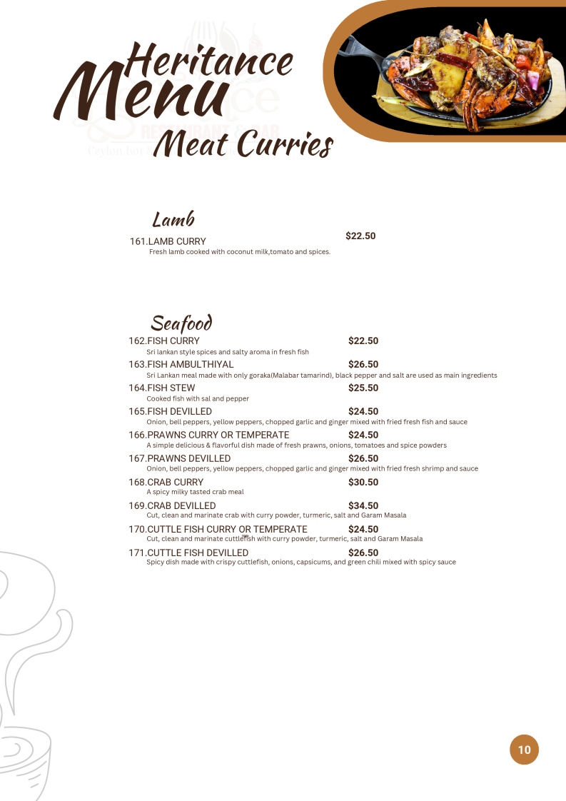 Menu, Heritance Restaurant and Bar