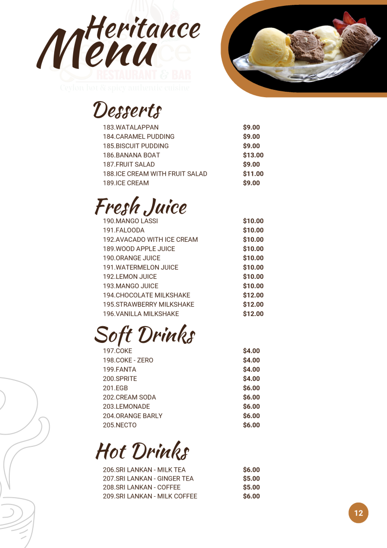 Menu, Heritance Restaurant and Bar