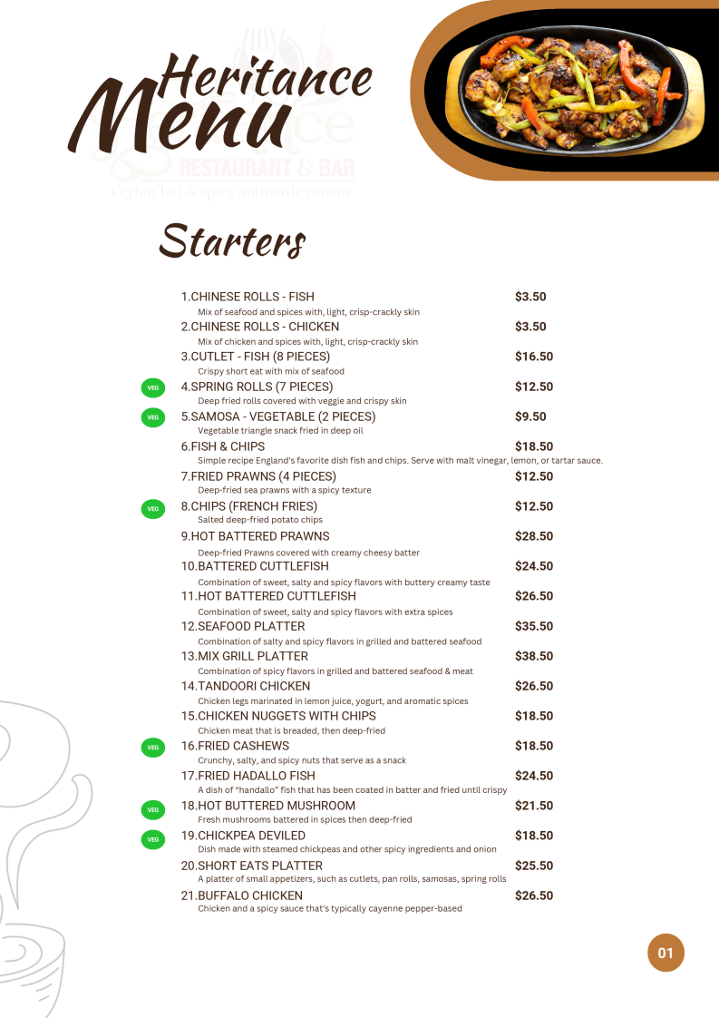 Menu, Heritance Restaurant and Bar