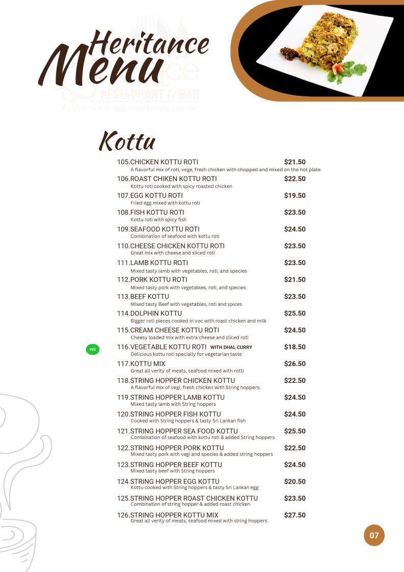 Menu, Heritance Restaurant and Bar