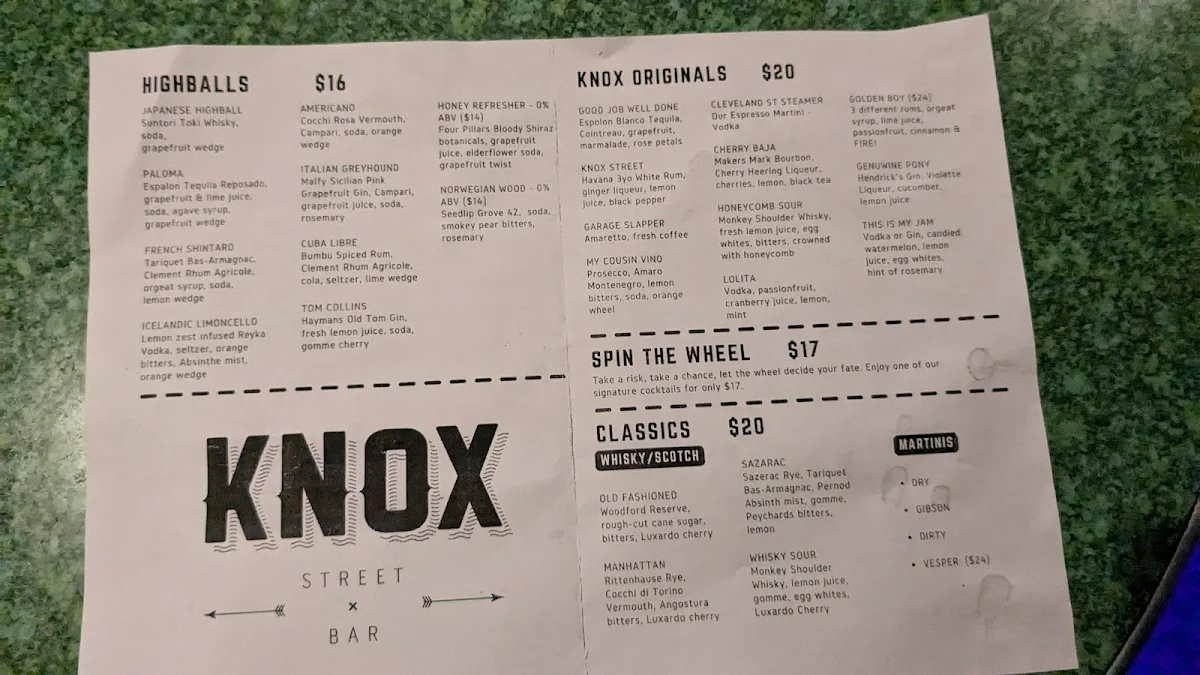 Menu, Knox Street Bar