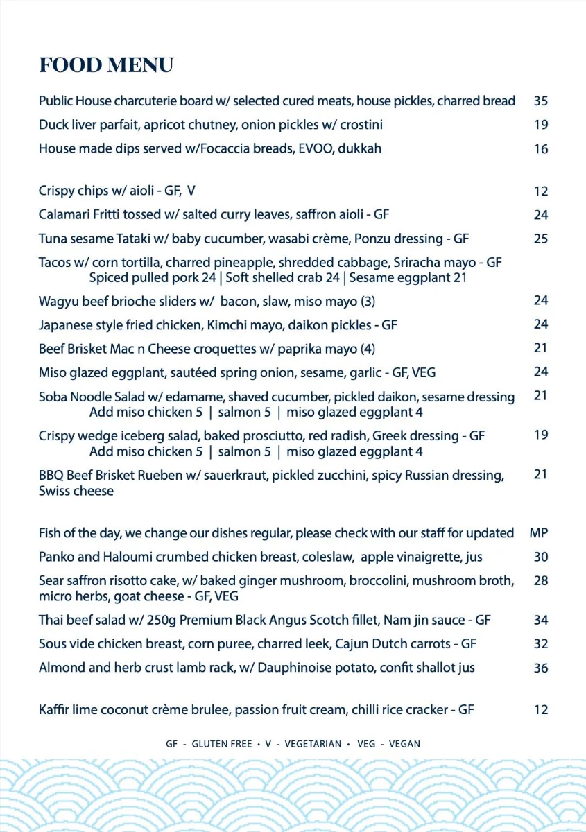 Menu, Public House - Richmond