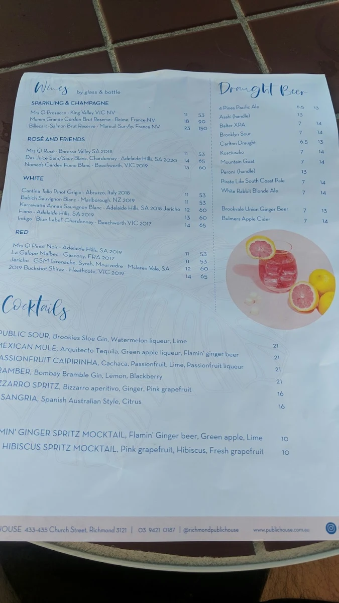 Menu, Public House - Richmond
