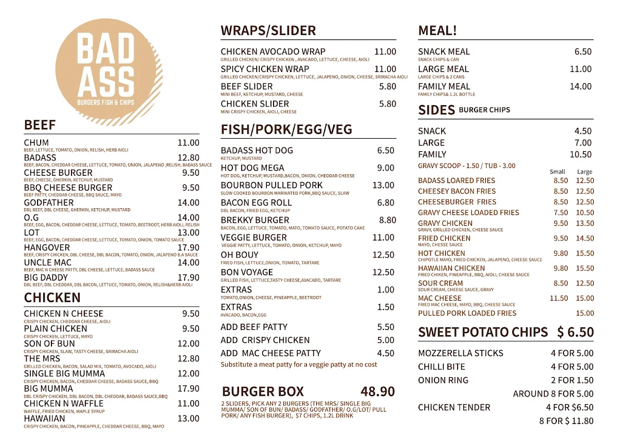 Menu, Badass Burgers, Fish and Chips