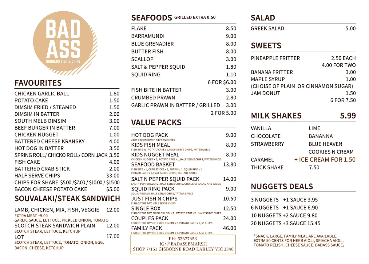 Menu, Badass Burgers, Fish and Chips