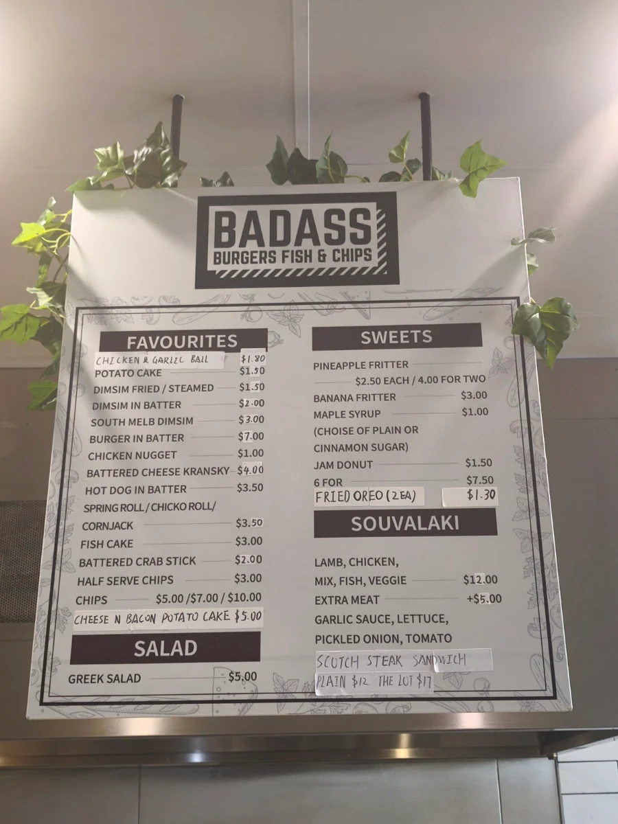 Menu, Badass Burgers, Fish and Chips