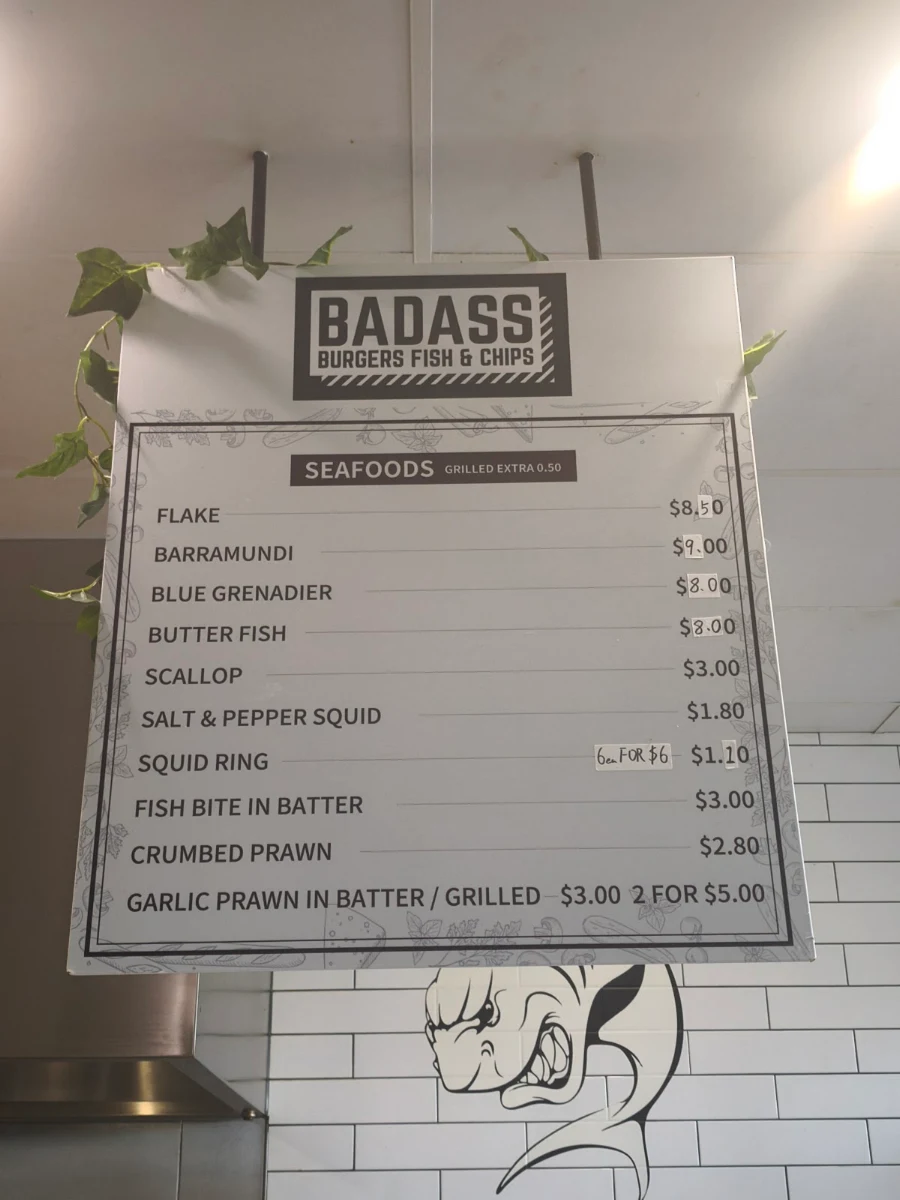 Menu, Badass Burgers, Fish and Chips