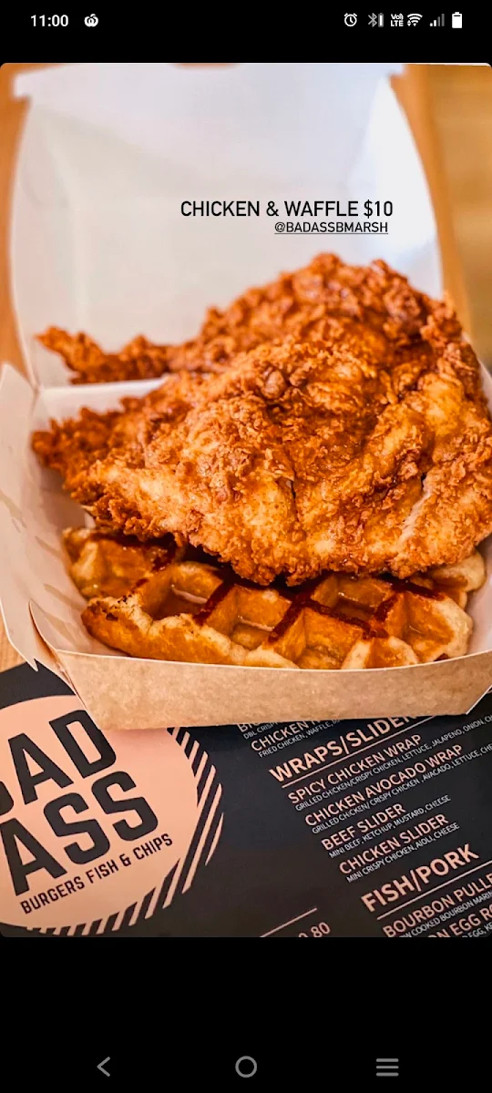 Menu, Badass Burgers, Fish and Chips