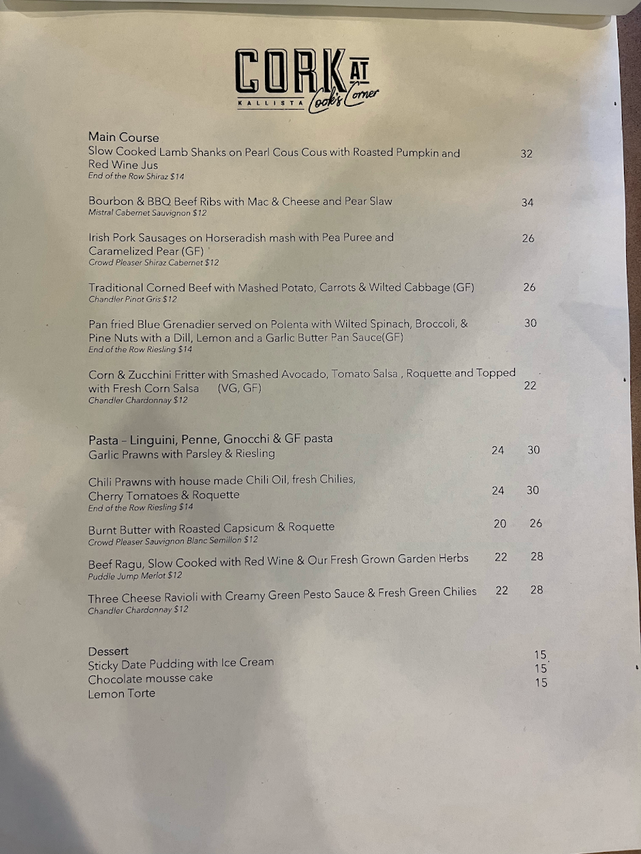 Menu, Cork at Cooks Corner