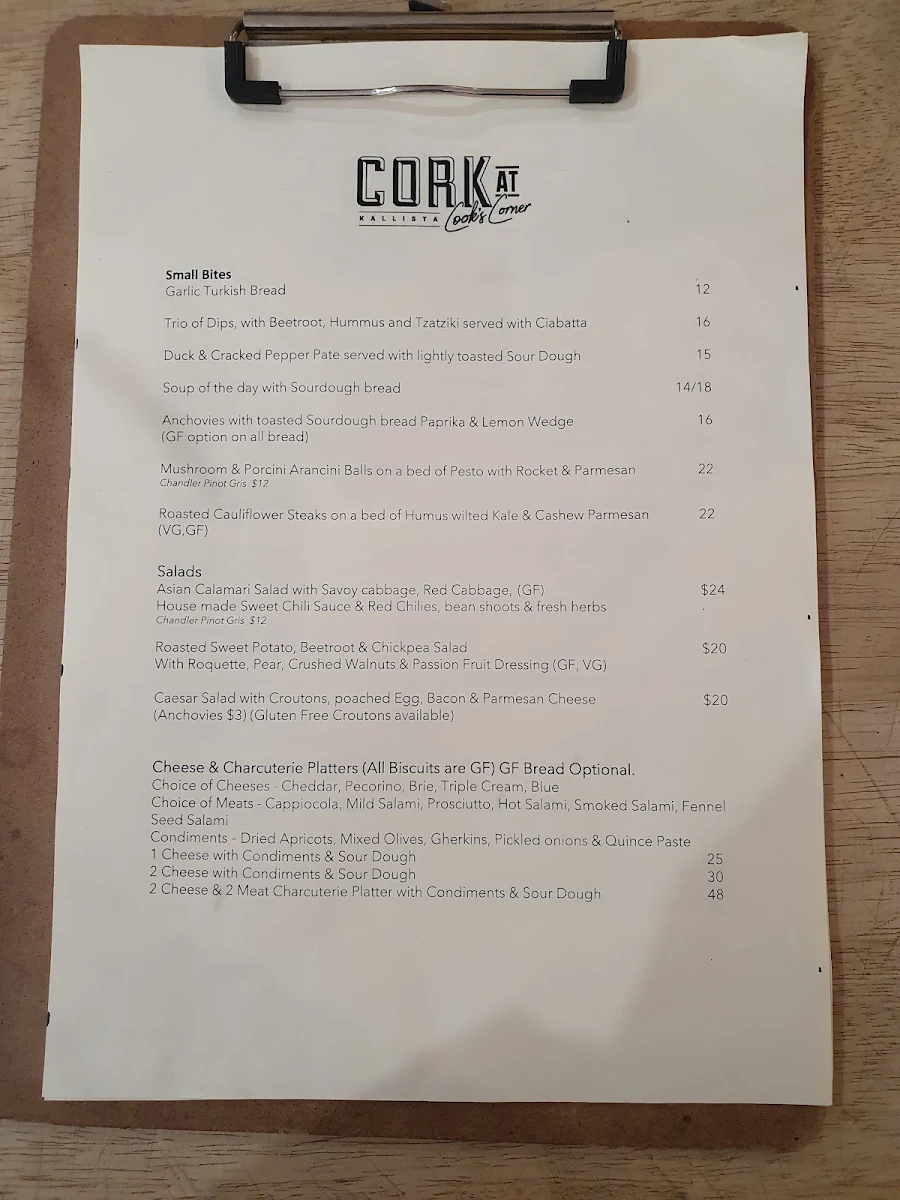 Menu, Cork at Cooks Corner