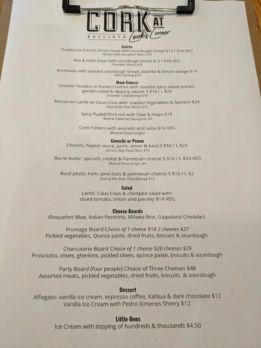 Menu, Cork at Cooks Corner