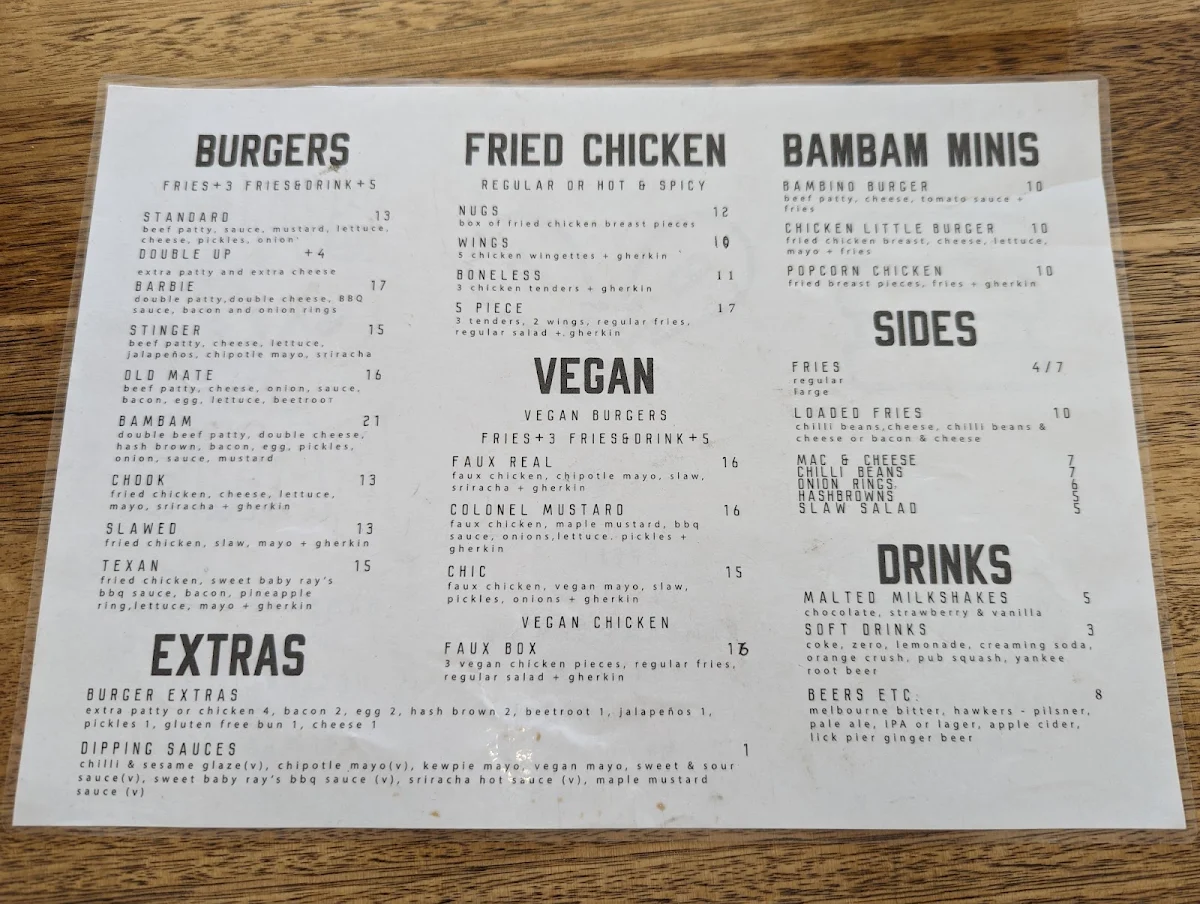 Menu, Bam Bams - Fried Chicken and Burgers