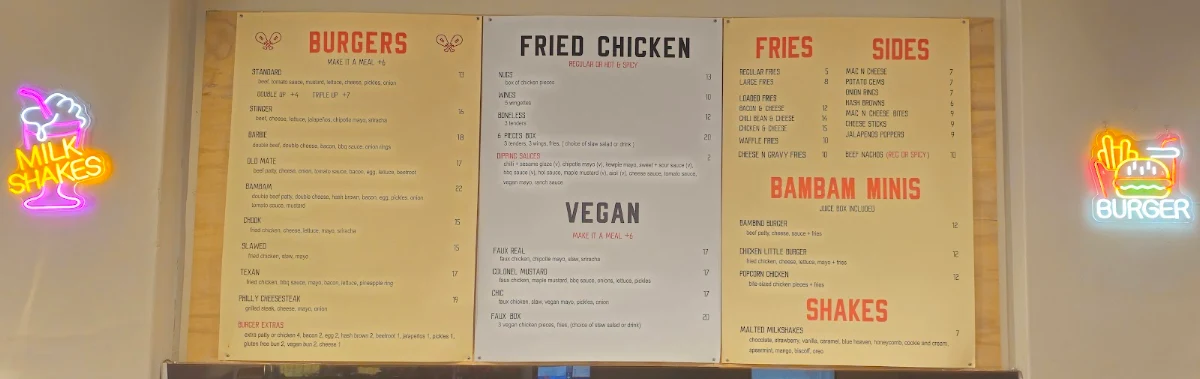 Menu, Bam Bams - Fried Chicken and Burgers