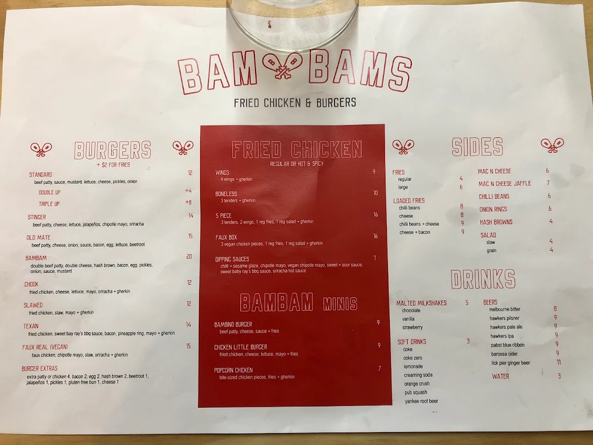 Menu, Bam Bams - Fried Chicken and Burgers