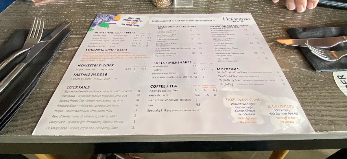 Menu, The LLAWN at Mandoon Estate
