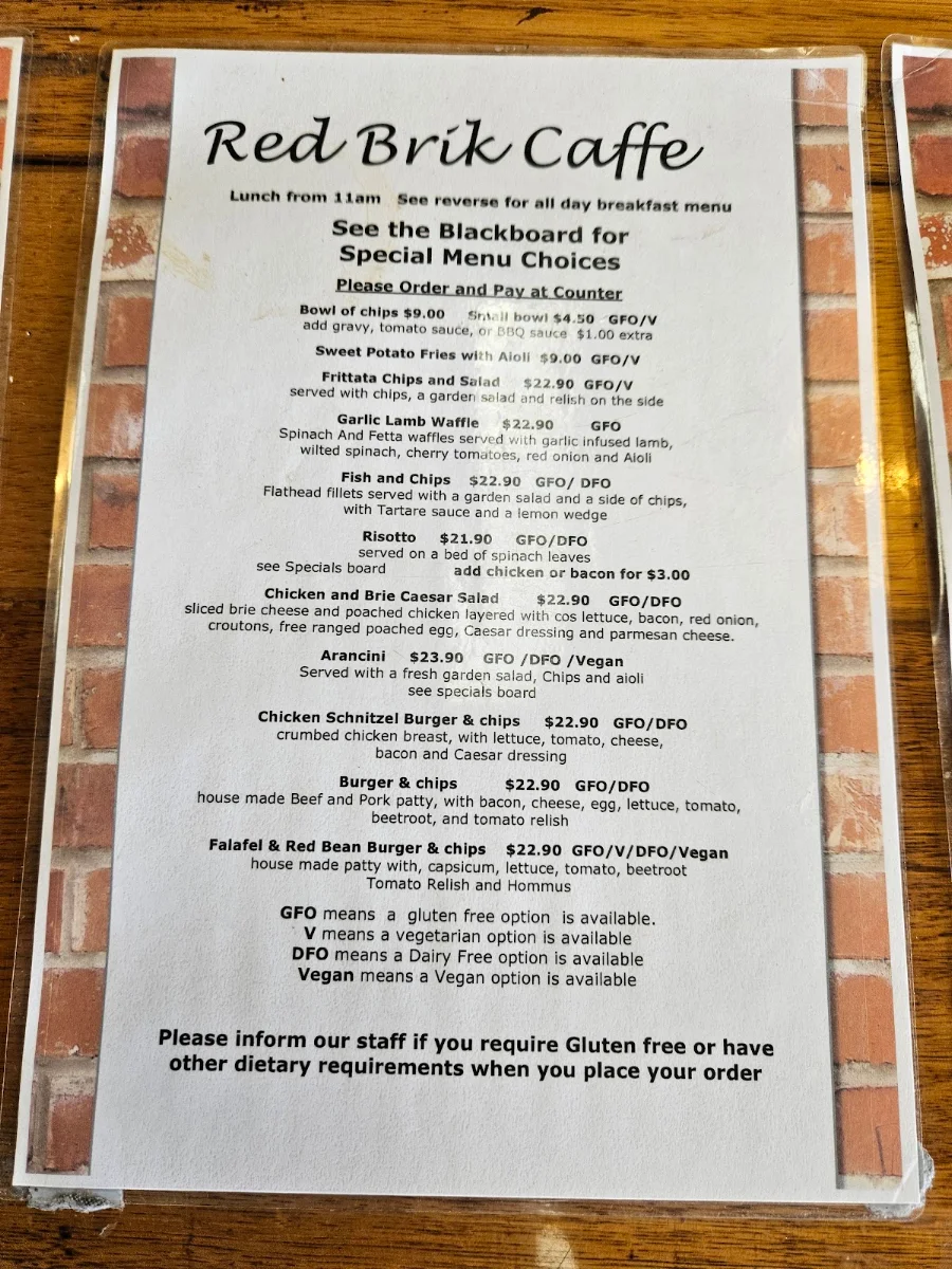 Menu, Red Brik Caffe