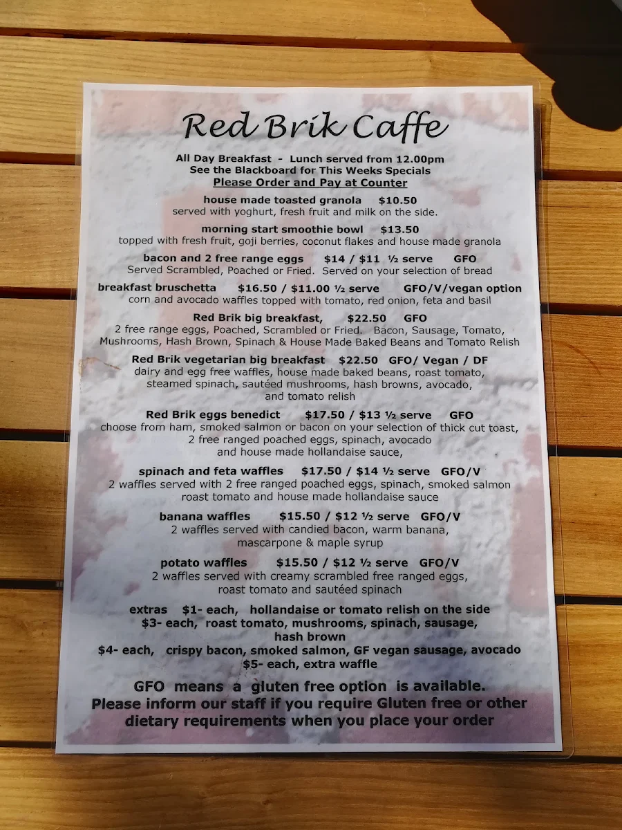 Menu, Red Brik Caffe