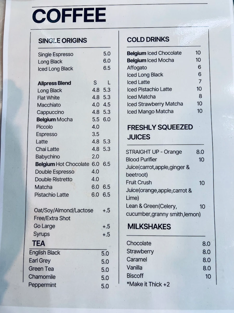 Menu, Essence & Brew Cafe