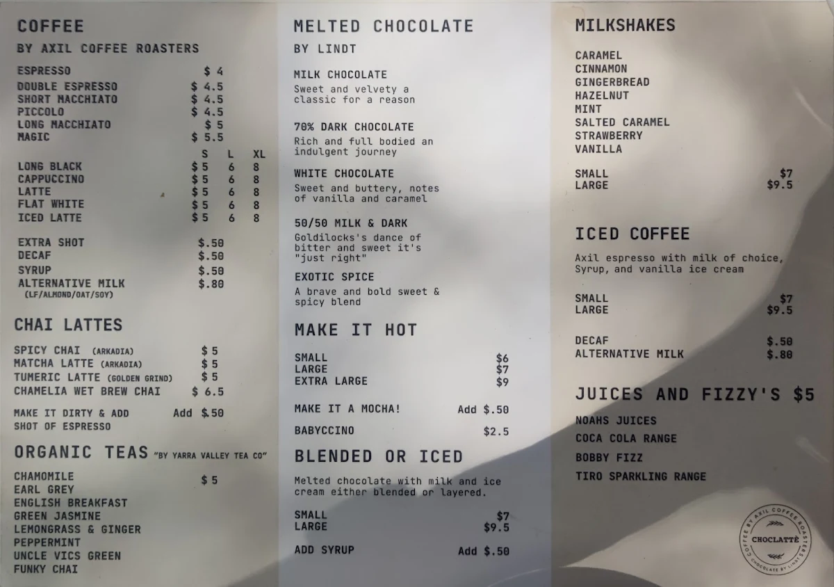 Menu, Choclatte