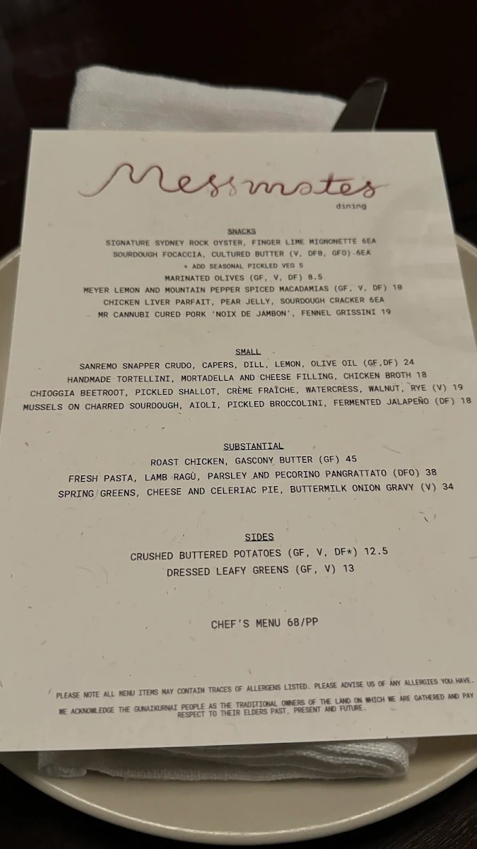 Menu, Messmates Dining