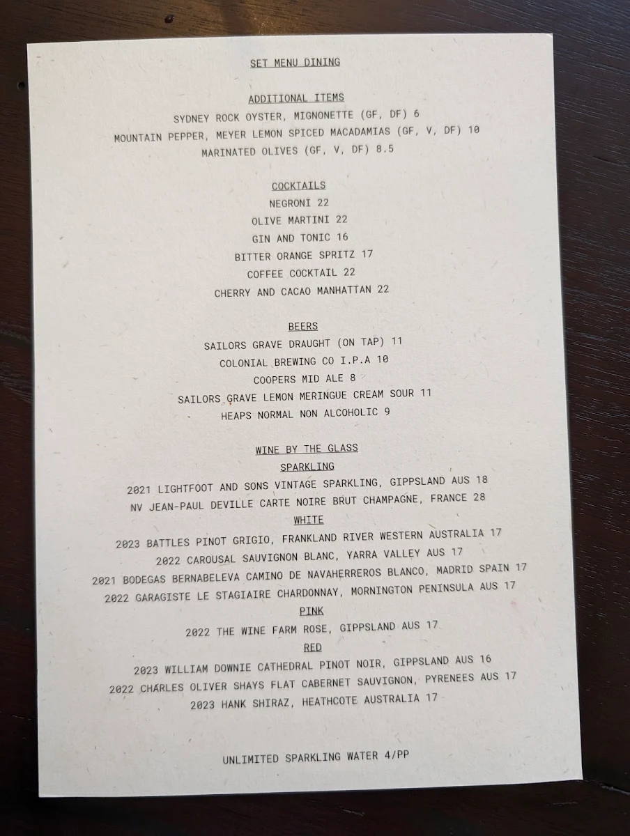 Menu, Messmates Dining