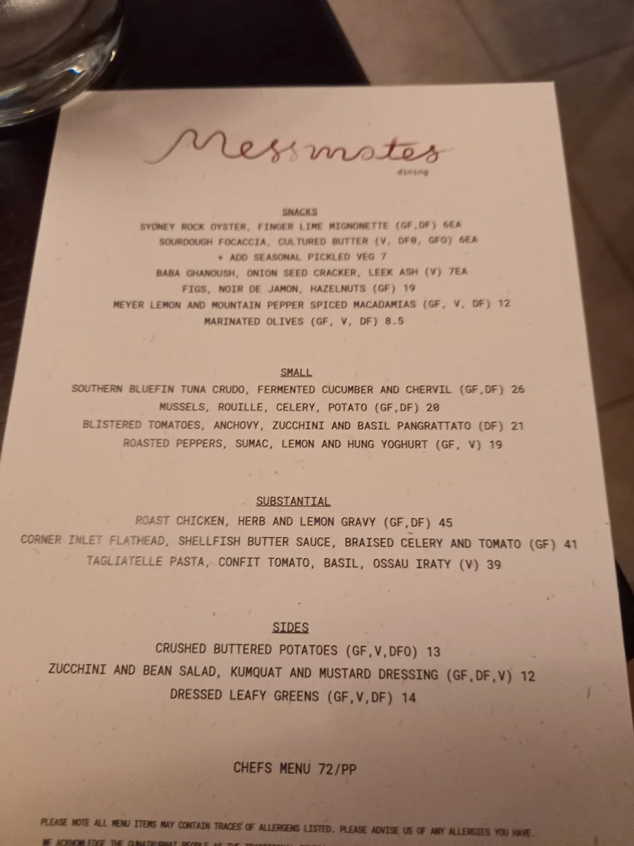 Menu, Messmates Dining