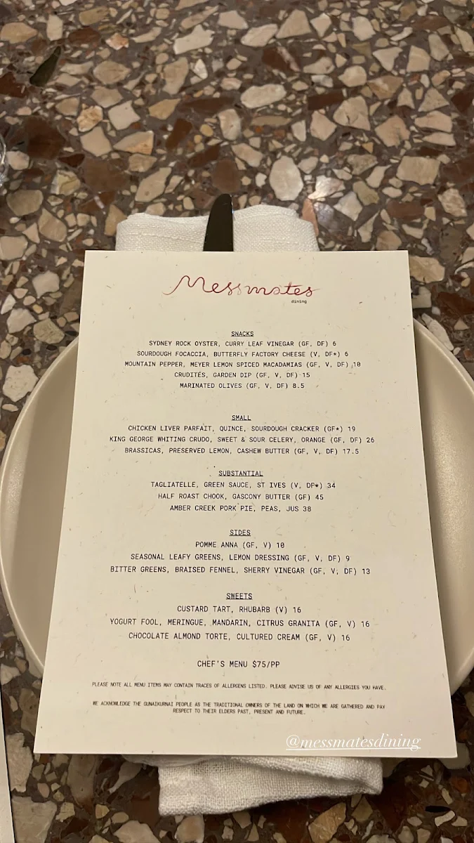 Menu, Messmates Dining
