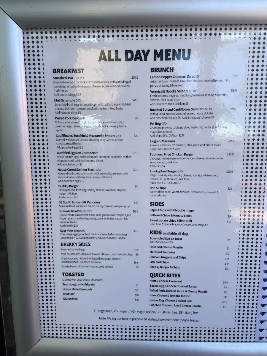Menu, 38 South