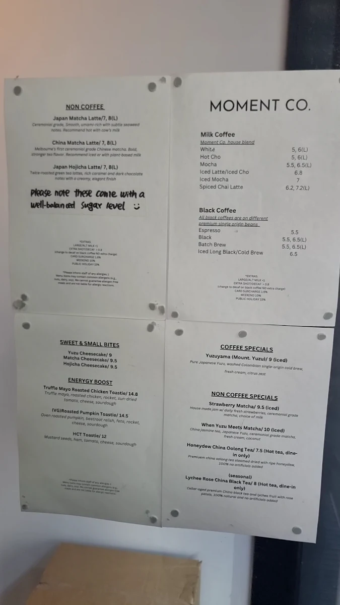 Menu, Moment Coffee