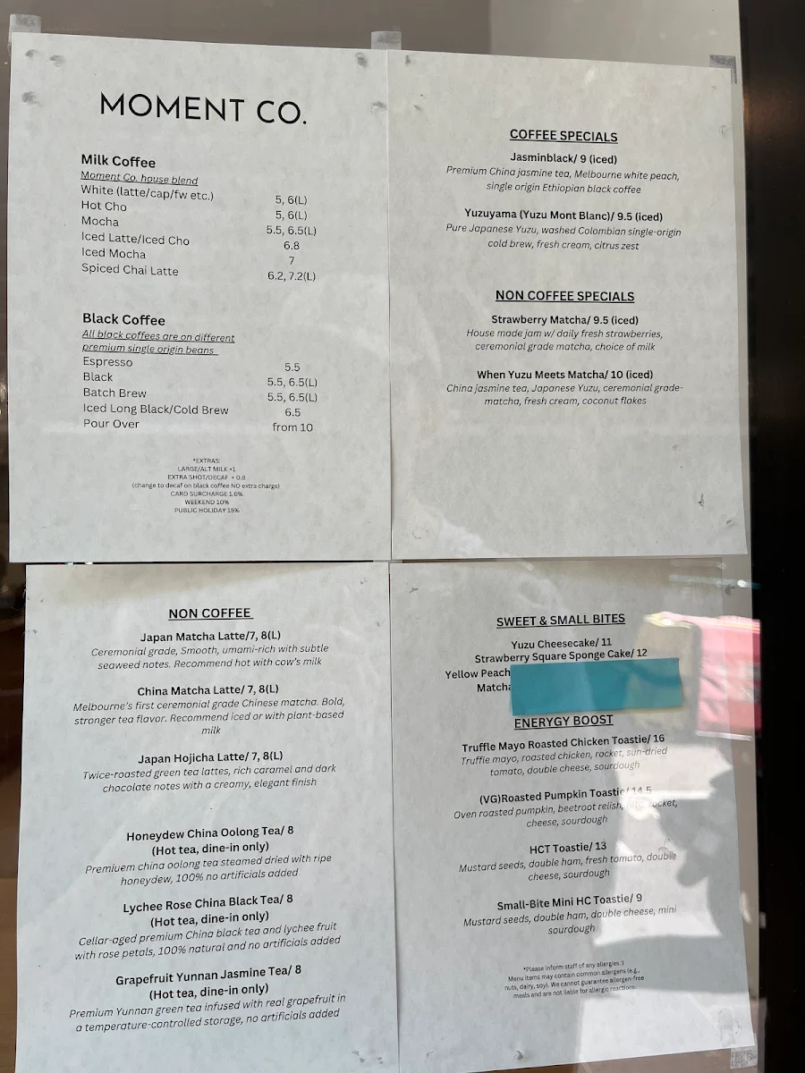 Menu, Moment Coffee
