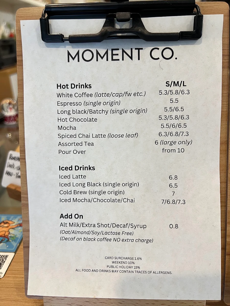 Menu, Moment Coffee