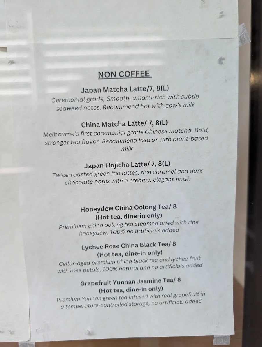 Menu, Moment Coffee