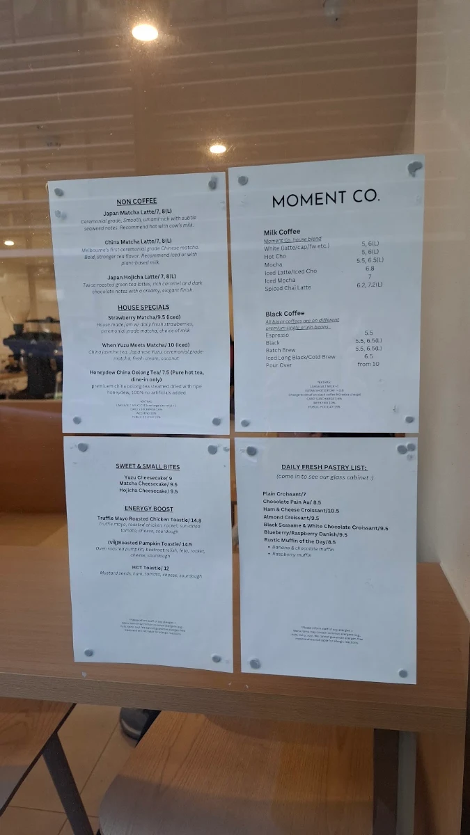 Menu, Moment Coffee